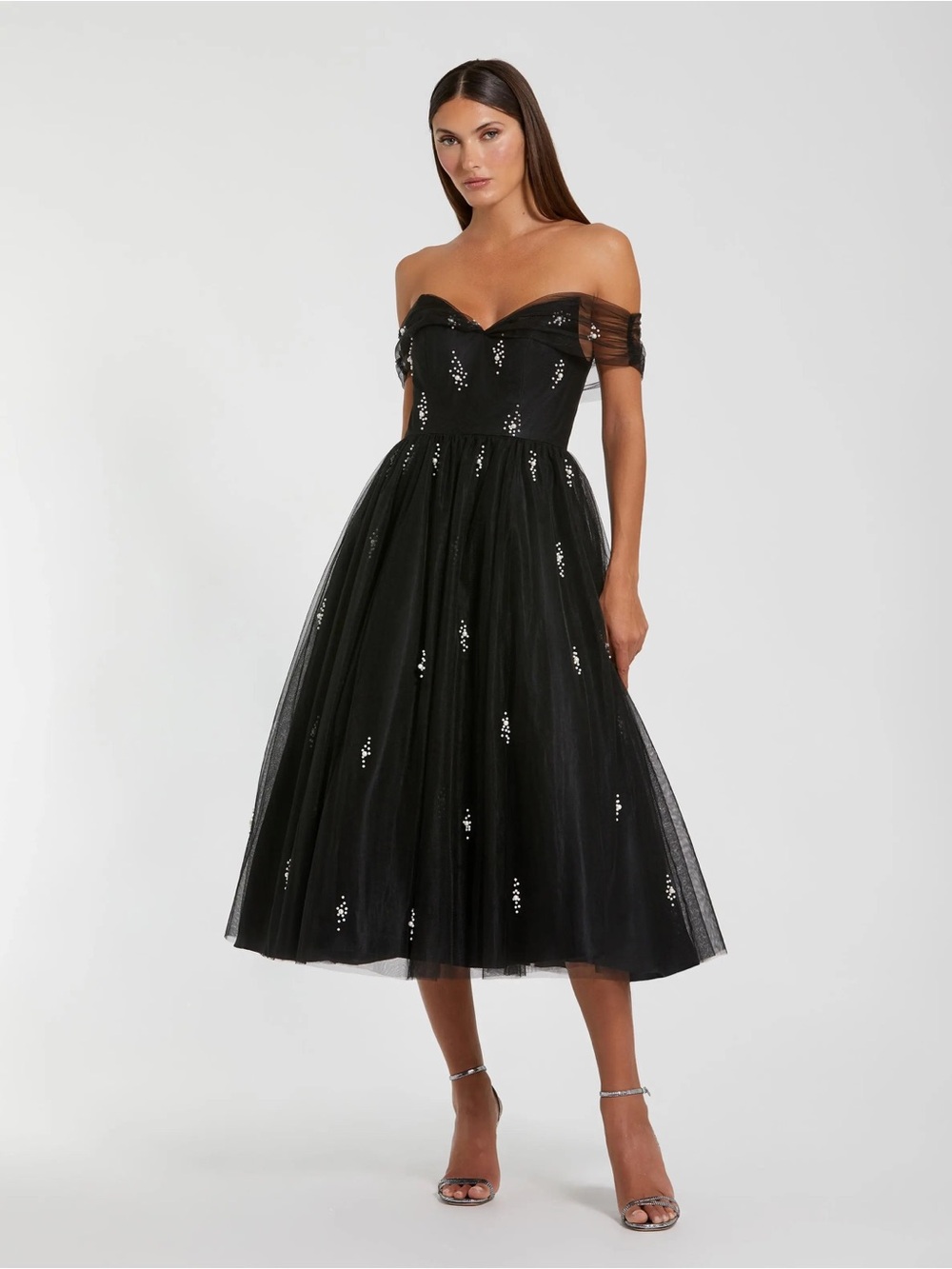 Mac Duggal Black Tulle Off The Shoulder Pearl Embellished Cocktail Dress Size 8